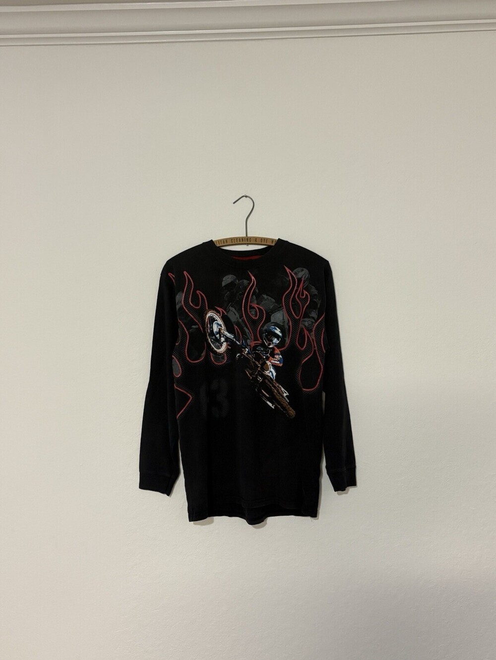 Vintage 90s Y2K No Boundaries BMX Flames Long Sleeve Skate Shirt Mens S (youth)